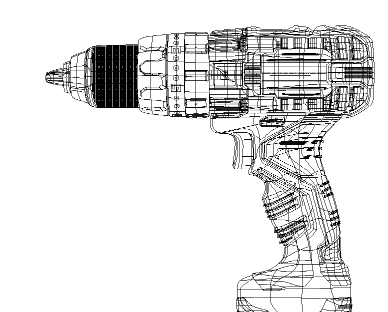 a GIF of the wireframe and rendered version of a hand drill